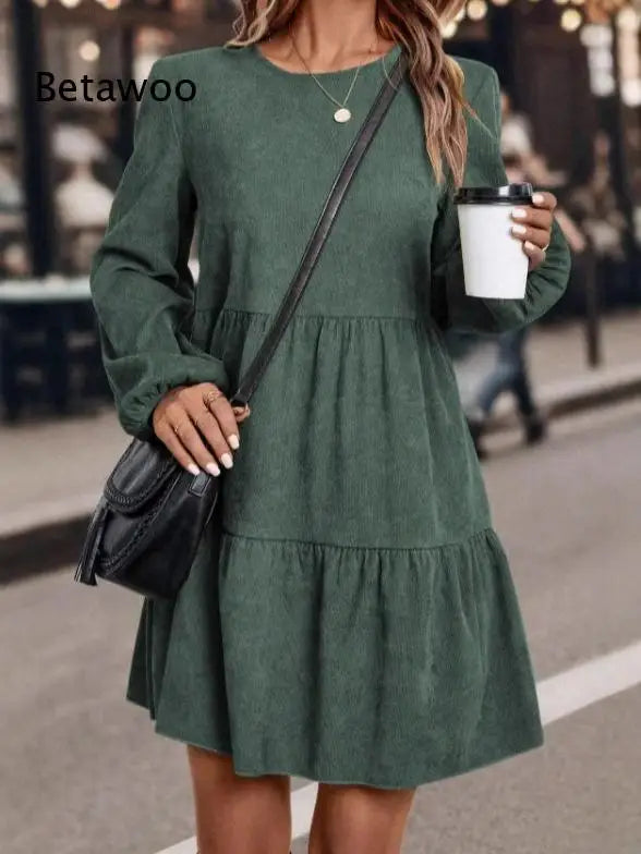 Women's Long Sleeve Tiered Ruffle Mini Dress, Casual Round Neck Solid Color Swing A-Line Dress for Autumn Winter Daily Wear