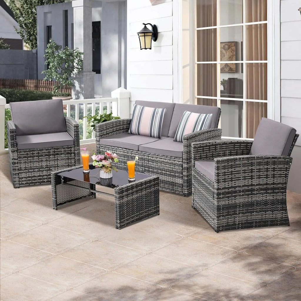 4-Piece Patio Furniture Set, Wicker Outdoor Rattan Sectional Sofa with Cushions and Glass Table, All-Weather Outdoor Conversatio