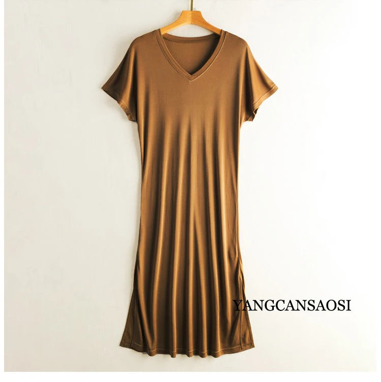 Women's Casual Summer New 23% Natural Mulberry Silk Side Slit V-neck Loose Shoulder Short Sleeved Solid Color Base Knitted Dress