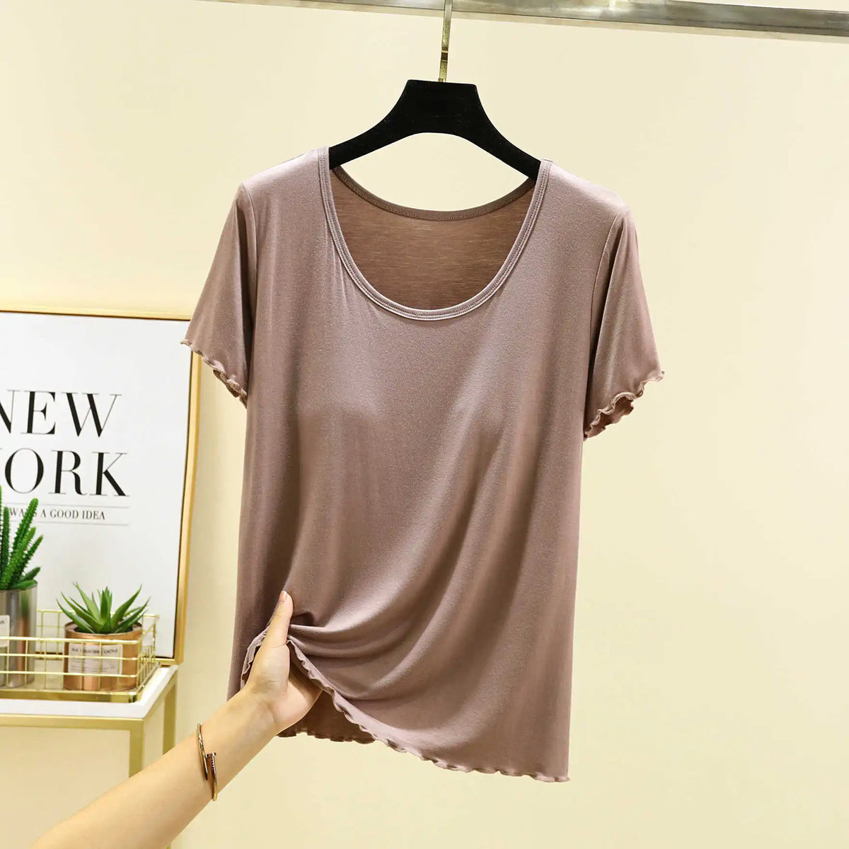 Modal No- Bra T-Shirt One-Piece Short Sleeve Women Summer Wear Casual Solid Color Base Layer Outdoor Wear round Neck T-Shirt