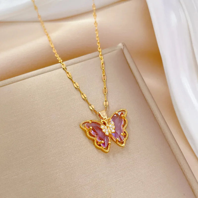 (Titanium Steel) Gorgeous and Stylish Hollow Titanium Steel Butterfly Necklace with Crystal Drop Decoration for Women
