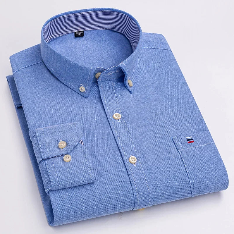 Pure Cotton Oxford Mens Shirt Long Sleeve Casual Plain Solid Regular Fit Classic Dress Shirt For Men