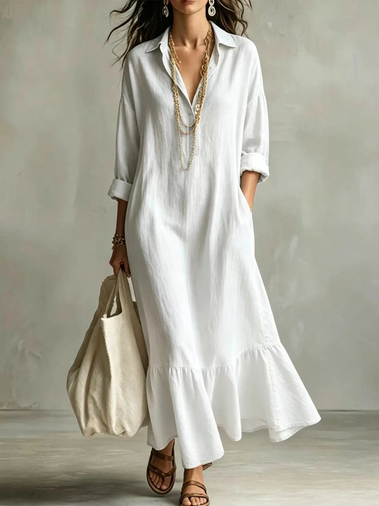 Spring Autumn New Fashion Button Lapel Long Sleeve Shirt Women's Loose Dress Casual Simple Retro Ruffled Swing Dress Female2026