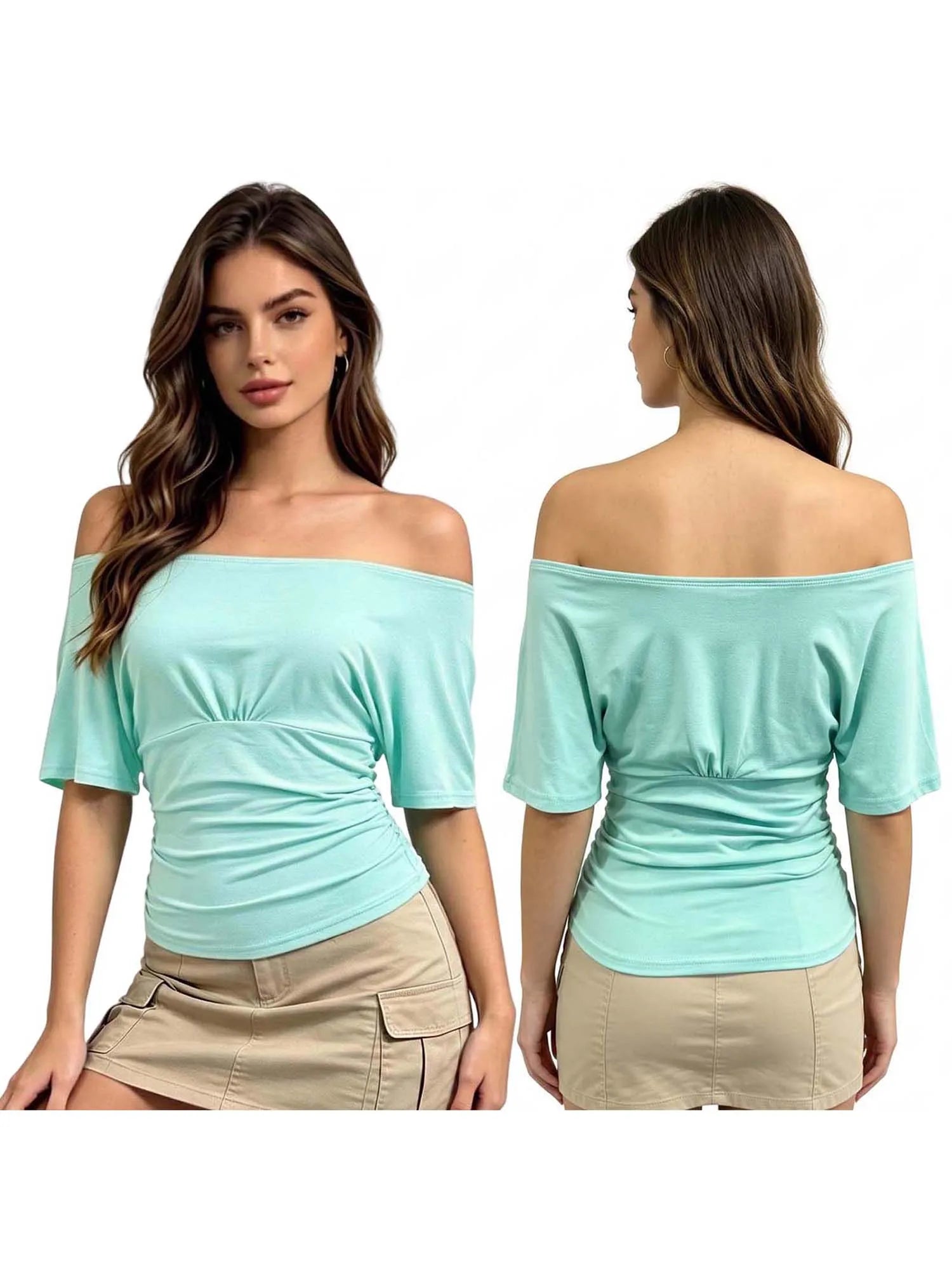 Women Casual Off Shoulder T-Shirts Tops Solid Ruched Short Sleeve Slouchy T-shirts Tees Tops