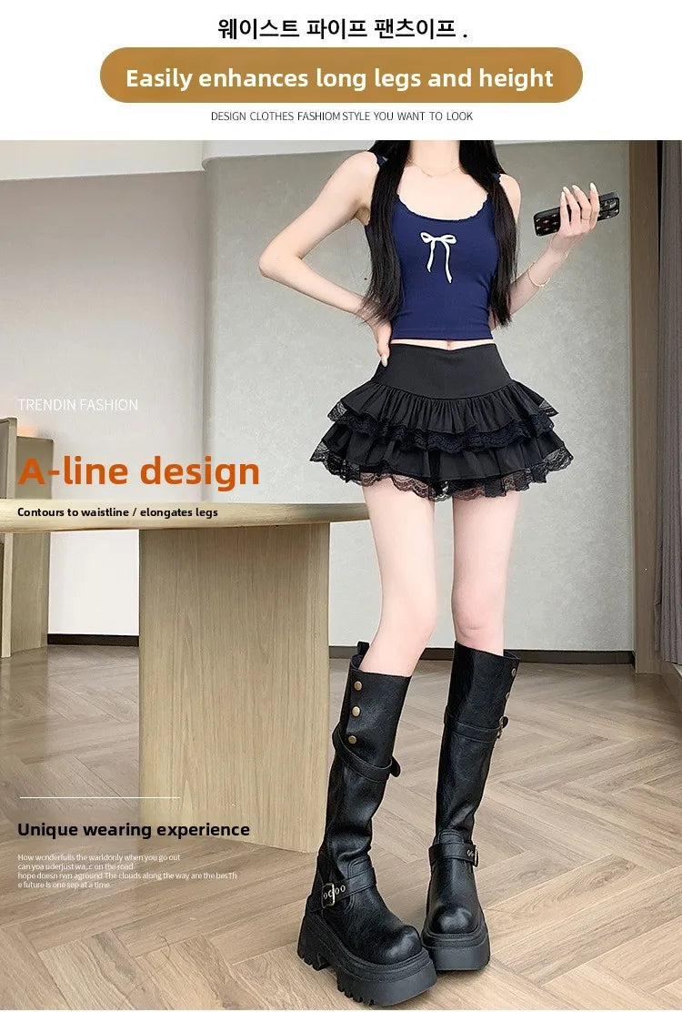 Pure Desire Lace A-Line Mini Skirt High Waist Puffy Sweet Style Short Cake Skirt Cotton Blend Fabric Summer Women's Dress