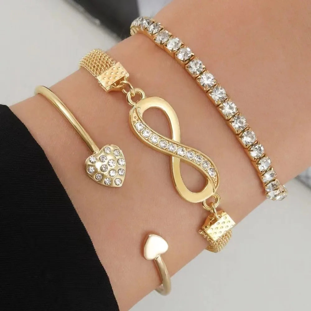 Vintage Infinity Heart Crystal Rhinestone Bracelet Set For Women'S Female Gold Color Metal Adjustable Bracelets Fashion Jewelry
