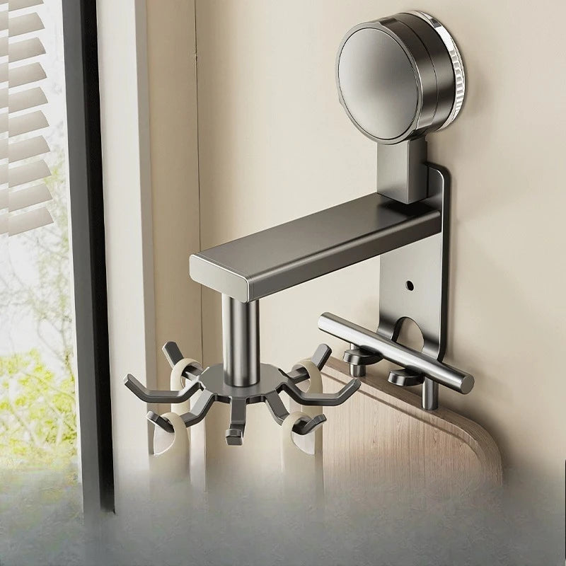 Suction cup hook rotating kitchen no drilling space aluminum multifunctional spatula hanging rack storage wall mounted shelf