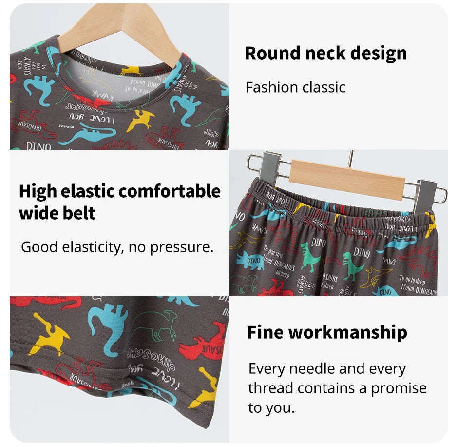 2 Pcs Summer Children's Fun Printed Shorts Short Sleeve Suit Boy Colorful Dinosaur Top Girl Sweet And Lovely Elastic Waist Short