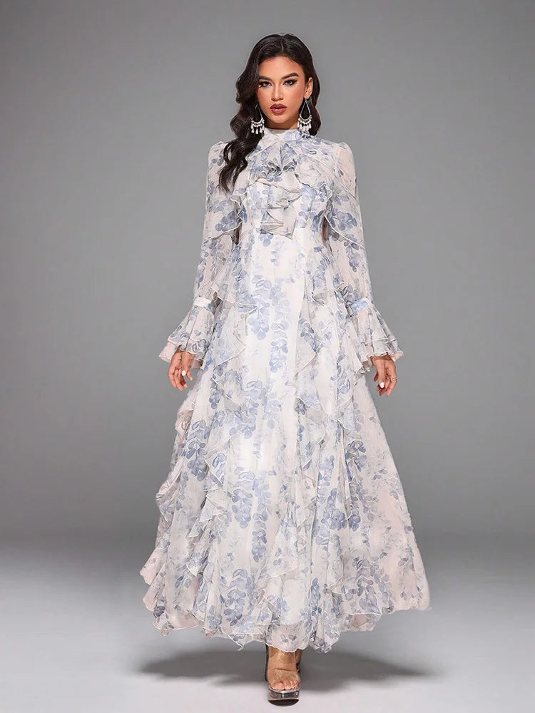 TOLEEN Womens Frill Trim Flowy Long Dress With Random Floral Print, Elegant,Party Dress,Gown,Formal,Evening Wedding Guest Spring