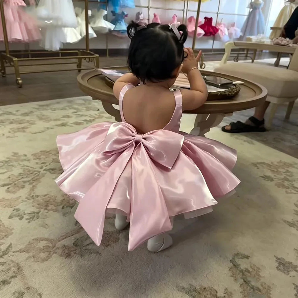 Wedding Mini Flower Girl Dress 2026 Satin Sleeveless Backless Bow Short Tutu Dress Baby Princess Dress Formal Party Dress Custom