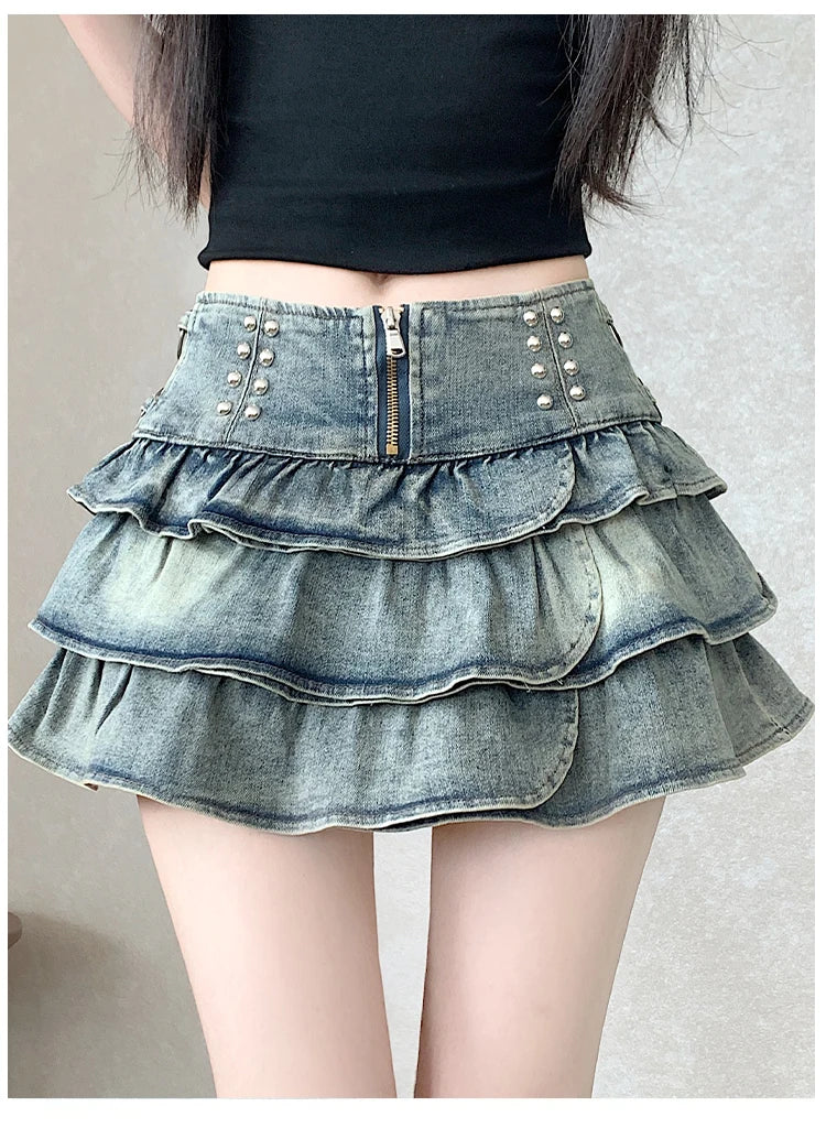 Summer Retro 2026 Korean Fashion Vacation Versatile Sexy Denim Cake Pleated Mini Skirt Women's High Waist Ruffle Short Skirt