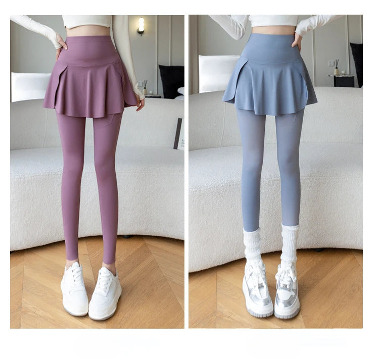 Women Fake Two Pieces Leggings Seamless Fitness Leggings High Waist with Pocket Elastic Slim Fashion Hip Liftting Yoga Pants