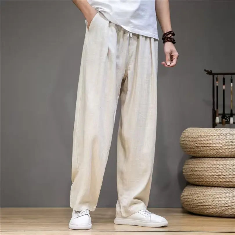 Men's Cotton Linen Straight Leg Pants Lightweight Breathable Casual Solid Color Simple Style Long Pants Elastic Waist Trousers