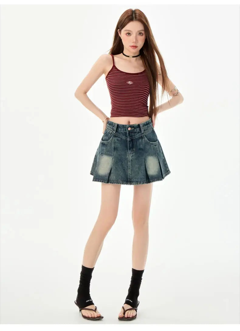 Trendy High Waist Pleated  Denim Skirt Women's Spring Summer New Lazy Style A-Line Half-length Jeans Skirts