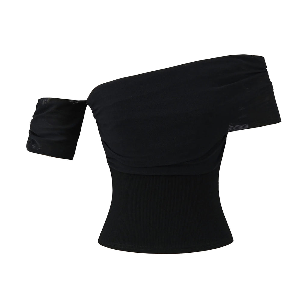 Design Sensation Shoulder Bared Short Sleeve T Shirt Women 2025 Summer Style Elegant Spicy Net Splicing Slim Fit Top