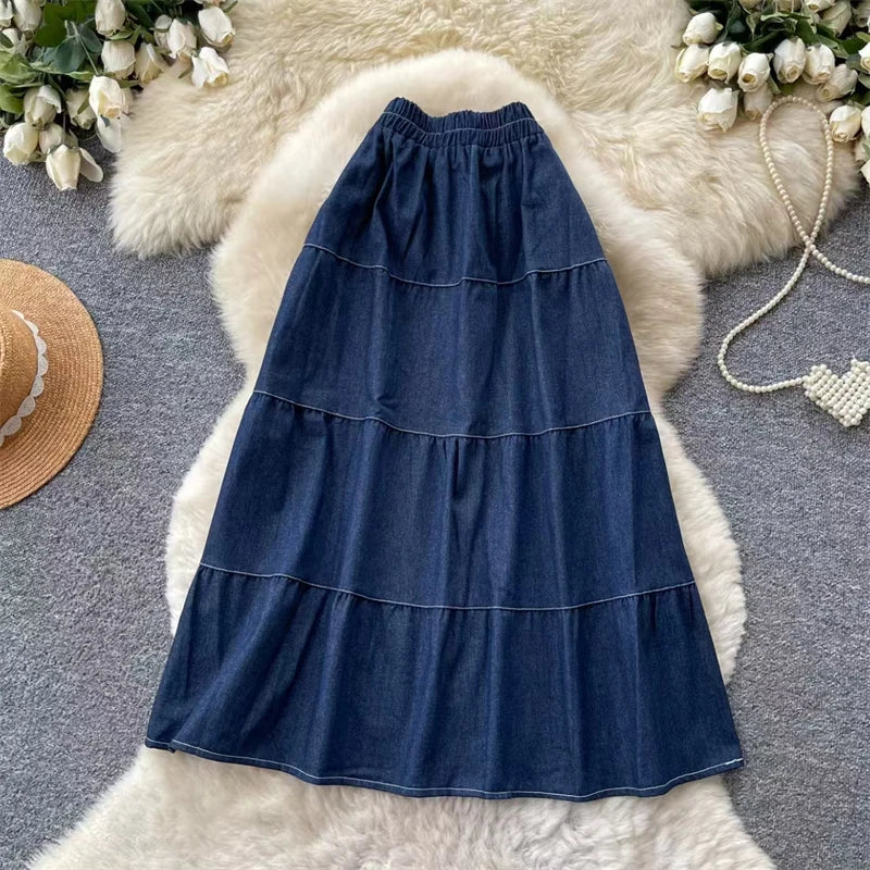 Karofi Vintage Cotton Layered Denim Skirt Women Elastic High Waist Bow Detail Flowy Long Casual A Line Long Midi Skirt