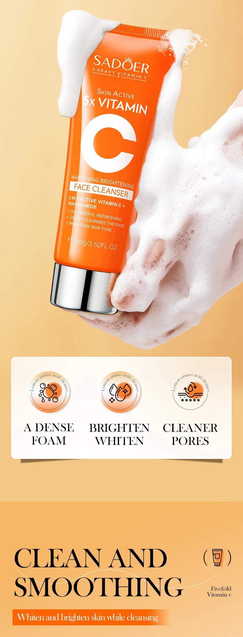 SADOER Vitamin C  Facial Cleanser Face Wash Foam Cleanser Deep Cleansing Moisturizing Brightening Hydrating Skin Care Products