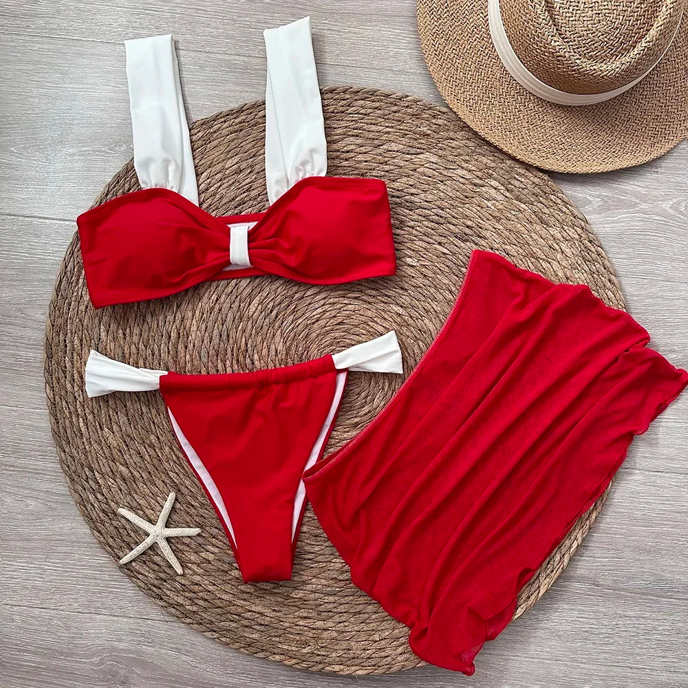 3 Piece Bikini Set With Mini Skirt Push Up Beachwear For Women Sexy Micro Thong Biquini