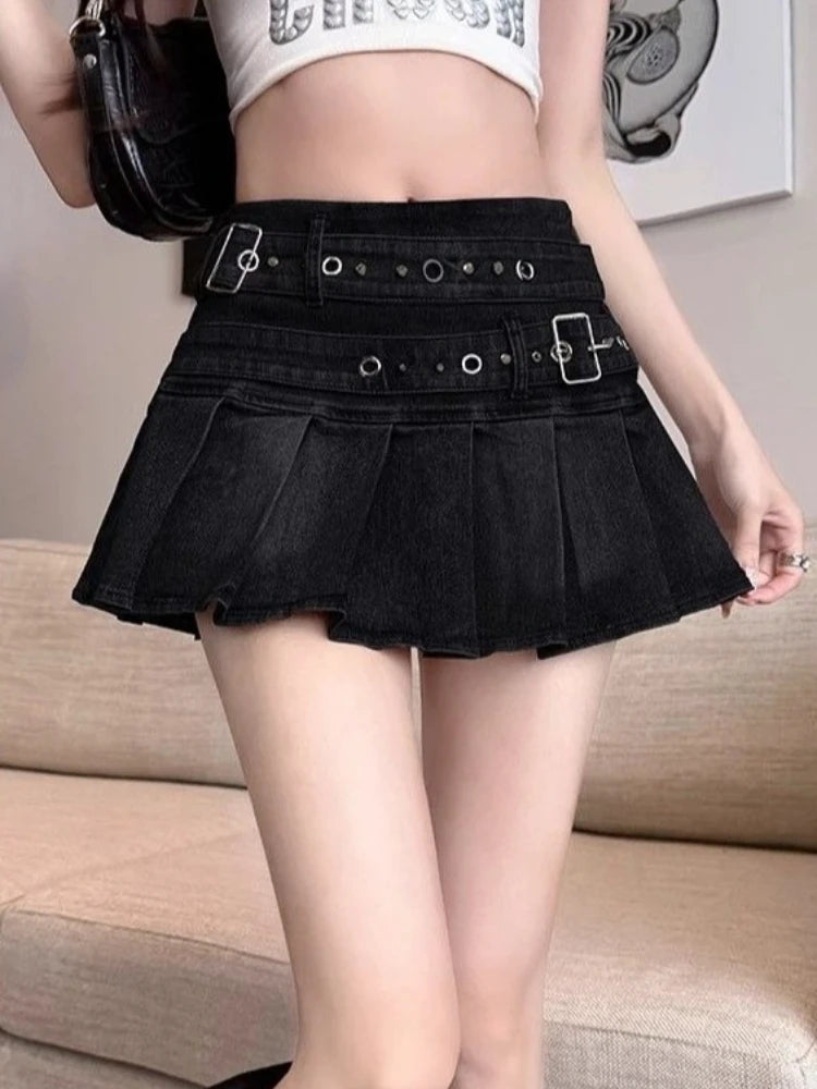 Summer Harajuku Denim Pleated Skirts Womens Y2k Aesthetic High Waist Belt Gothic Skirt Vintage A-Line Streetwear Grunge Faldas