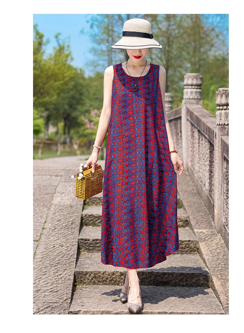 New Women Summer Dresses Vintage Dress FashionRobe Plus Size Sleeveless Femme Casual Print Dresses