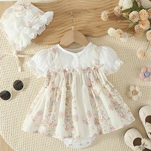 Baby Girl Sleeveless Romper and Hat Set - Cotton Print, 0-24M