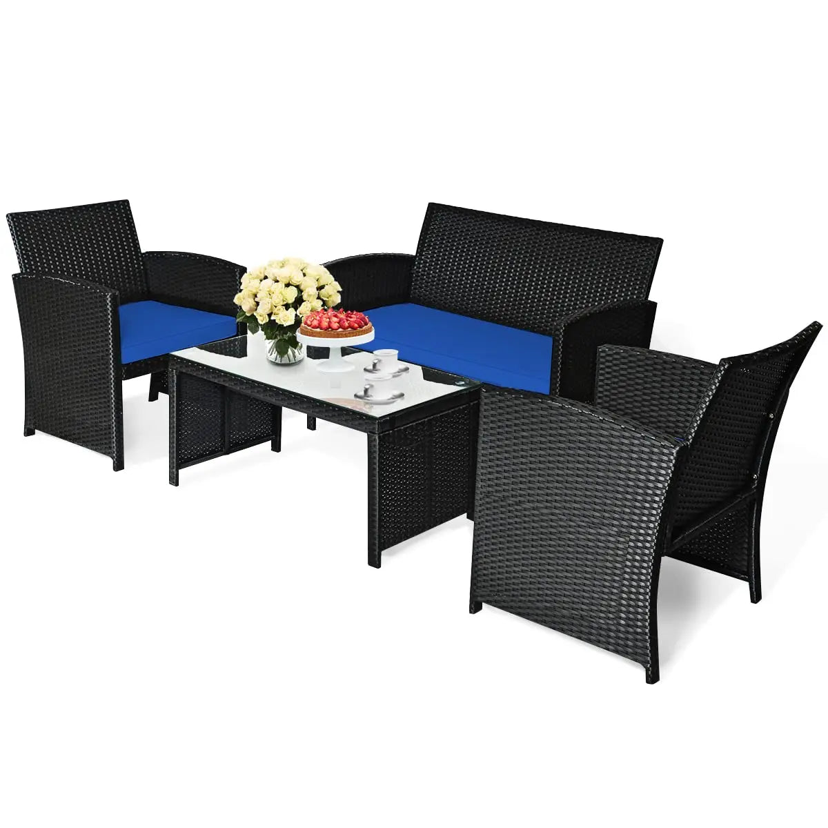 4-Piece Rattan Wicker Patio Furniture Set with Cushions and Table