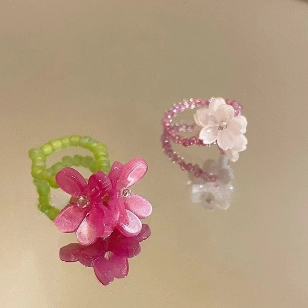 Violet Flower Elastic Beaded Ring for Women