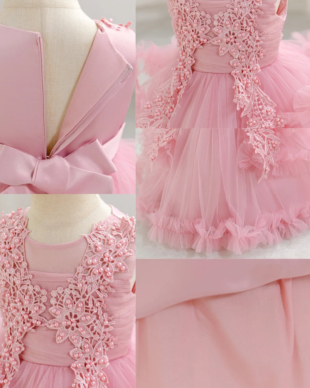 HETISO Girls Sleeveless Mesh Dress Elegant Beading Kids Birthday Party Ball Gown Children Wedding Clothes