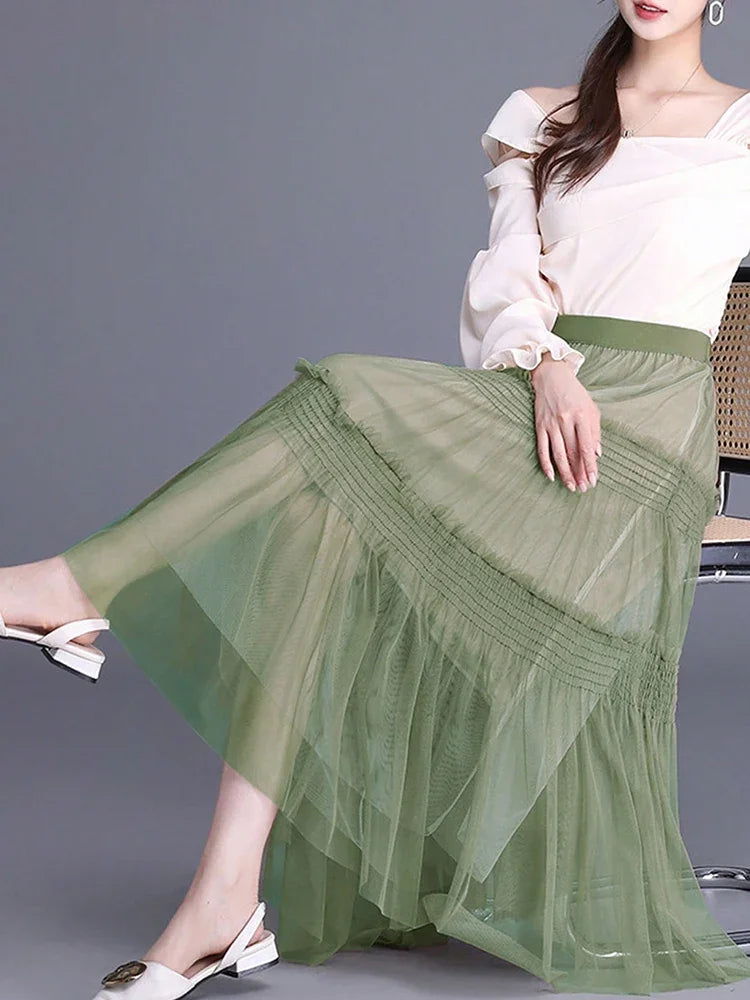 Sweety Nice In Dresses Summer Pleated Long Skirts Girl Elastic Waist Fairy Tiered Skirt Women Solid Color Elegant Women's Skirts