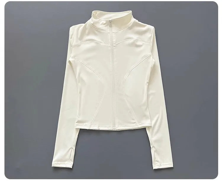 Women's Workout Jacket Stretch Fitted Zip Front Long Sleeve Running Yoga Slimming Waist-Cinching Stand Collar Quick-Dry Sportswe