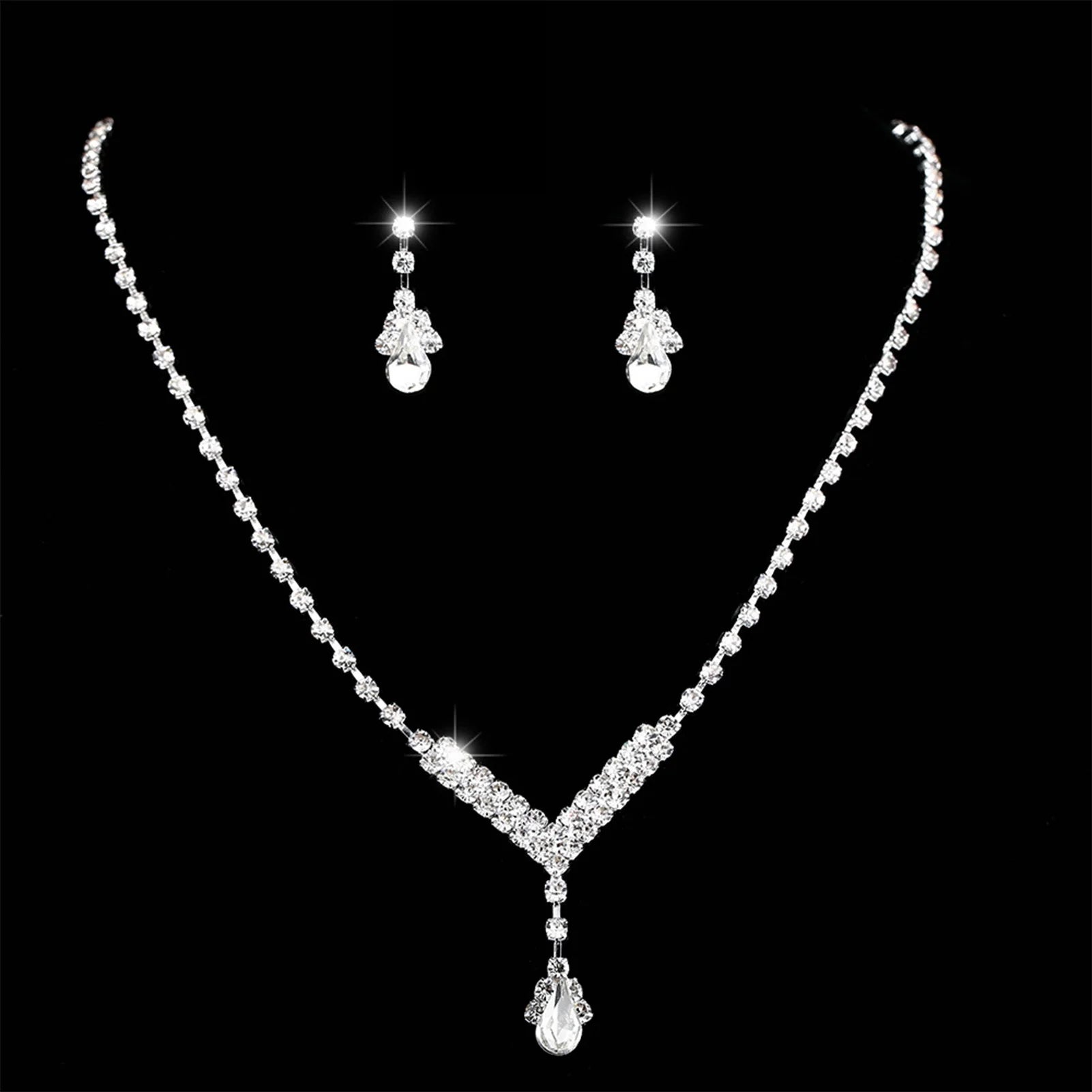 Women'S Fashion Necklace Earrings Set Rhinestone Wedding Accessories Bridal Lady Dangle Earring Pendant Elegant Jewellery Sets