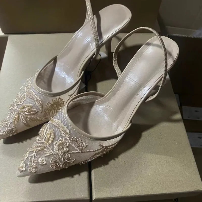 Ladies Flower Mesh Open Heel Sandals Shoes Sexy Designer High Heel Pointed Toe Stiletto Pumps Mules  women sandals