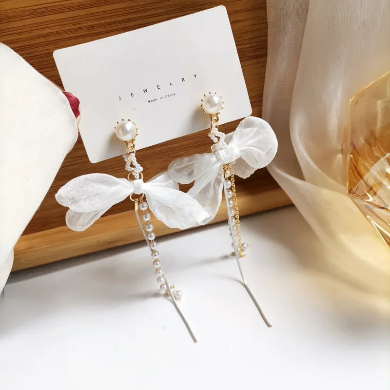 Korean Fashion Style Pearl Long Tassel Clip on Earrings for Women Simple Temperament Long Chain Non-piercing Ears Clip Earrings