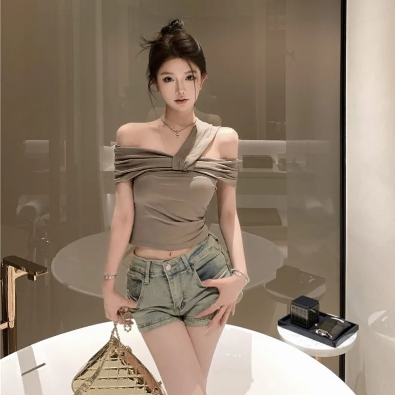 Korean Style Sexy One Shoulder  Knot Neckline Thin Summer Slimming T-Shirt Women's Fashionable Short Sleeve Top