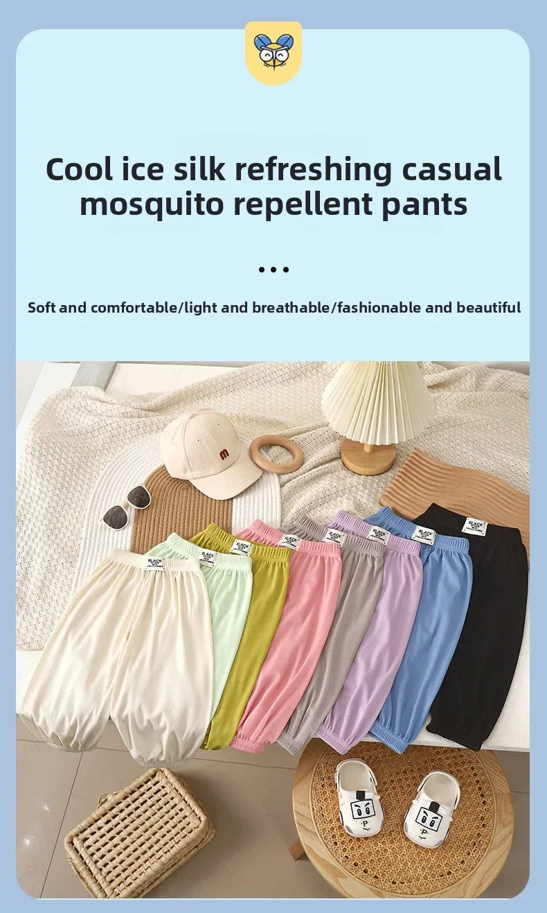 Children's mosquito-proof pants summer baby ice silk bloomers thin sweatpants boys and girls casual nine-point pants