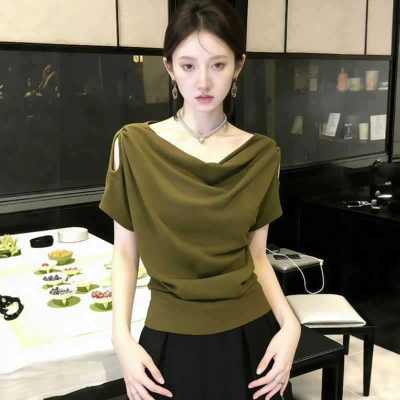 Unique Beautiful Shoulder-baring Short Sleeve T-shirt Women's Summer 2026 New plus Size Loose Fit Korean Style Creative Pattern