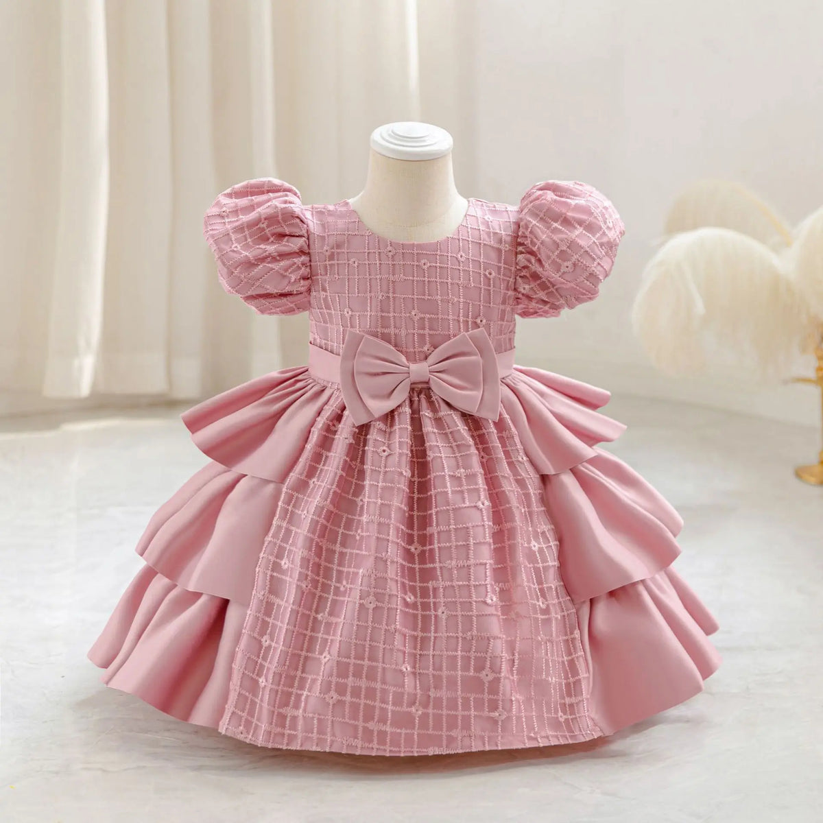 HETISO Plaid Flower Girls Christmas Party Dress with Bow Elegant Birthday Gown for Kids 0-4 Years Children Birthday Frocks