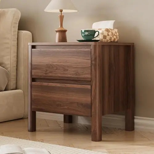 Walnut Nightstands Set of 2, Mid Century Modern Bede Table with Hidden Handles and Wood Legs, Wooden End Table with 2