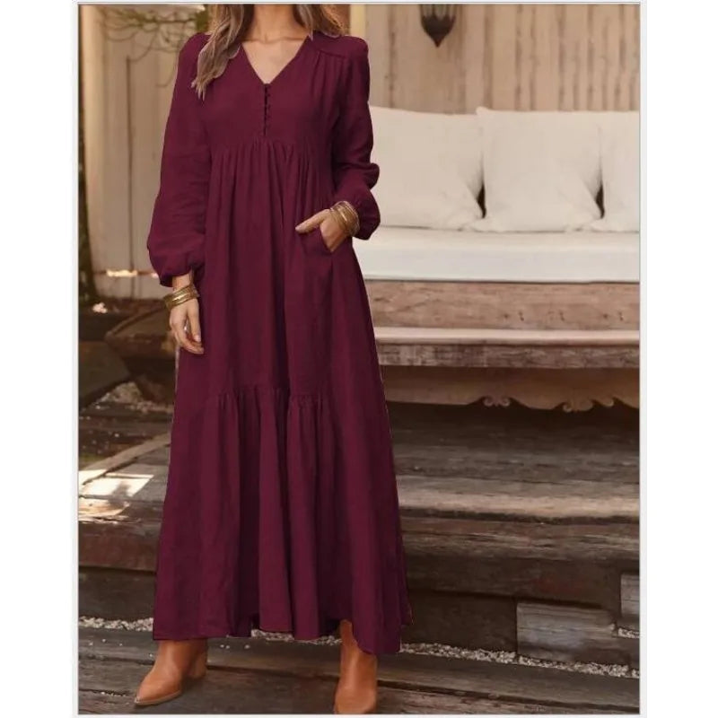 Loose Long Sleeve Cotton Linen Dress Retro Button Spring Autumn Vacation Women Skirt