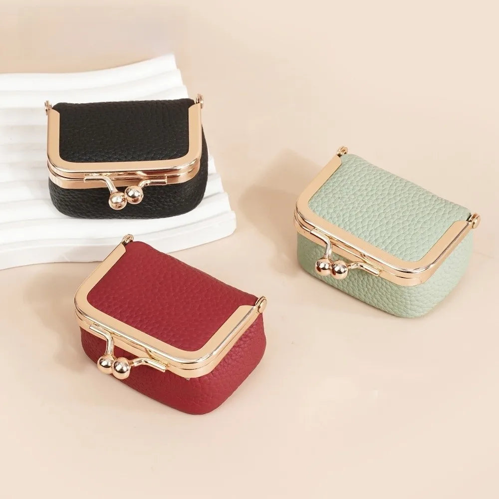 Wallet Genuine Leather Kiss Lock Coin Purse Solid Color Square Leather Jewelry Bag Multifunctional Mini Small Item Bag Earrings