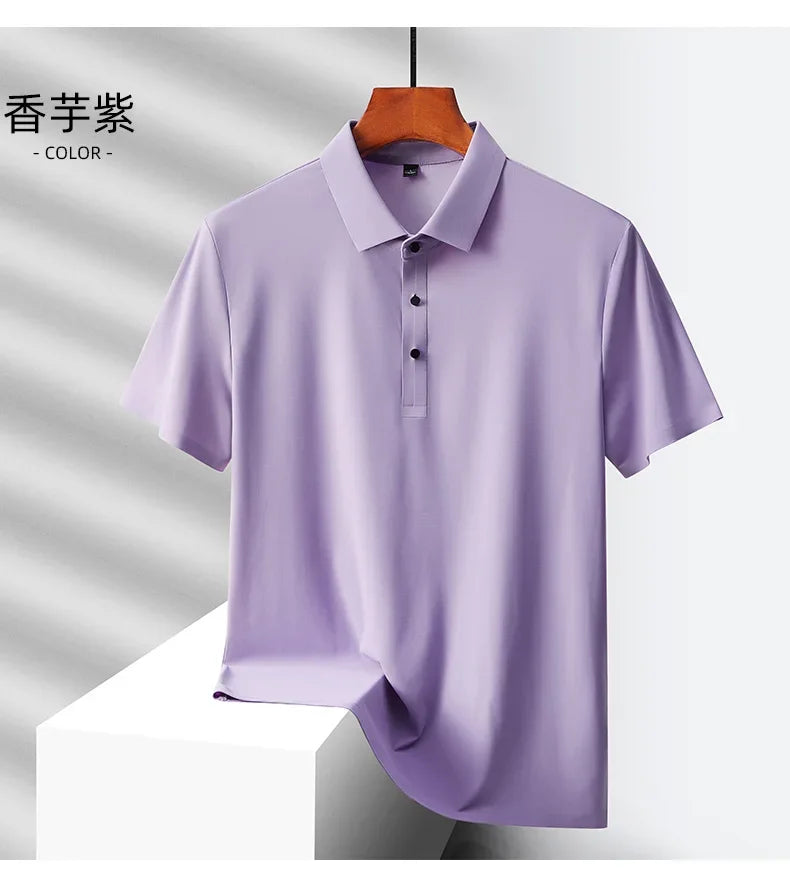 Summer Ice Silk Quick Drying Loose Polo Shirt Middle Aged Men's Solid Lapel Button Simple Versatile Casual Thin Short Sleeve Top
