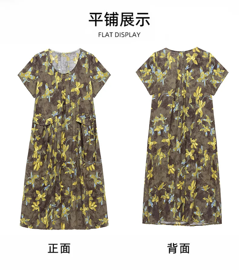 New Fashion Casual Summer Dresses For Women 2026 Loose Plus Size Clothes Elegant printting O-neck Short Sleeve Woman Clothing