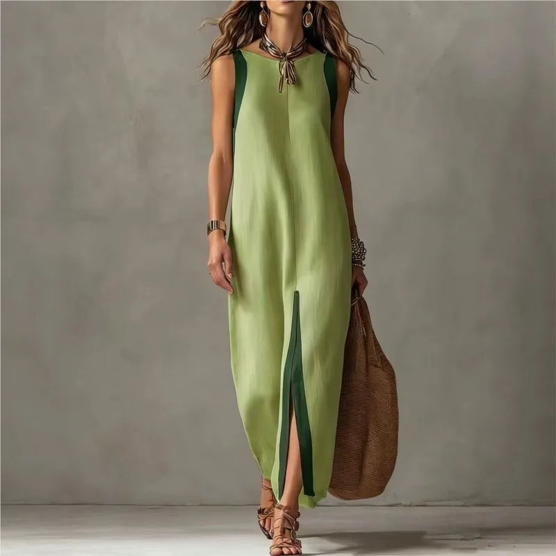 Boho Asymmetrical Hem Maxi Dress Front Slit Contrast Trim Summer New Woman Dresses Casual Sleeveless Round Neck Loose Dresses