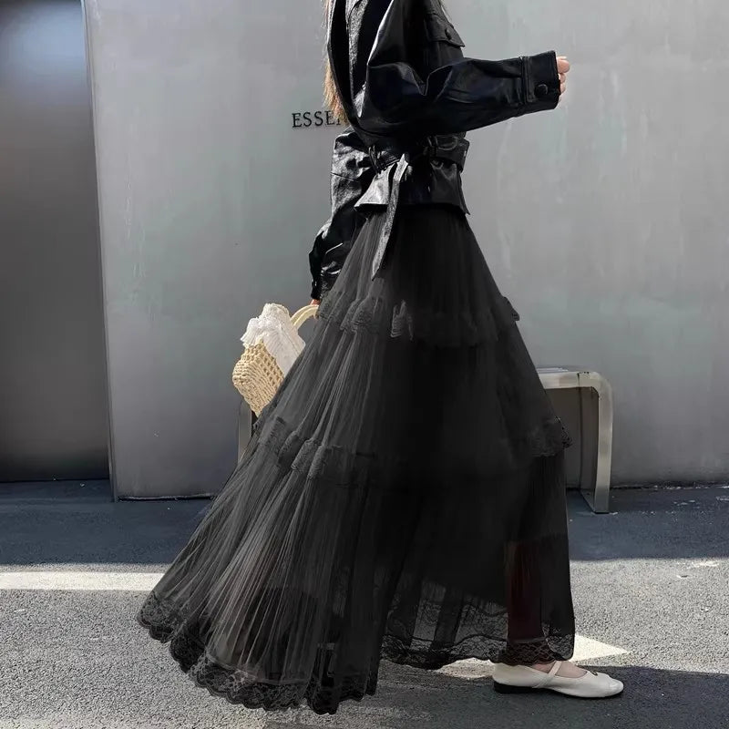 Retro Sweet White Long Skirt Women Casual Loose High Waist Elegant Skirt Vintage Lace Patchwork Korean Summer Long Skirts