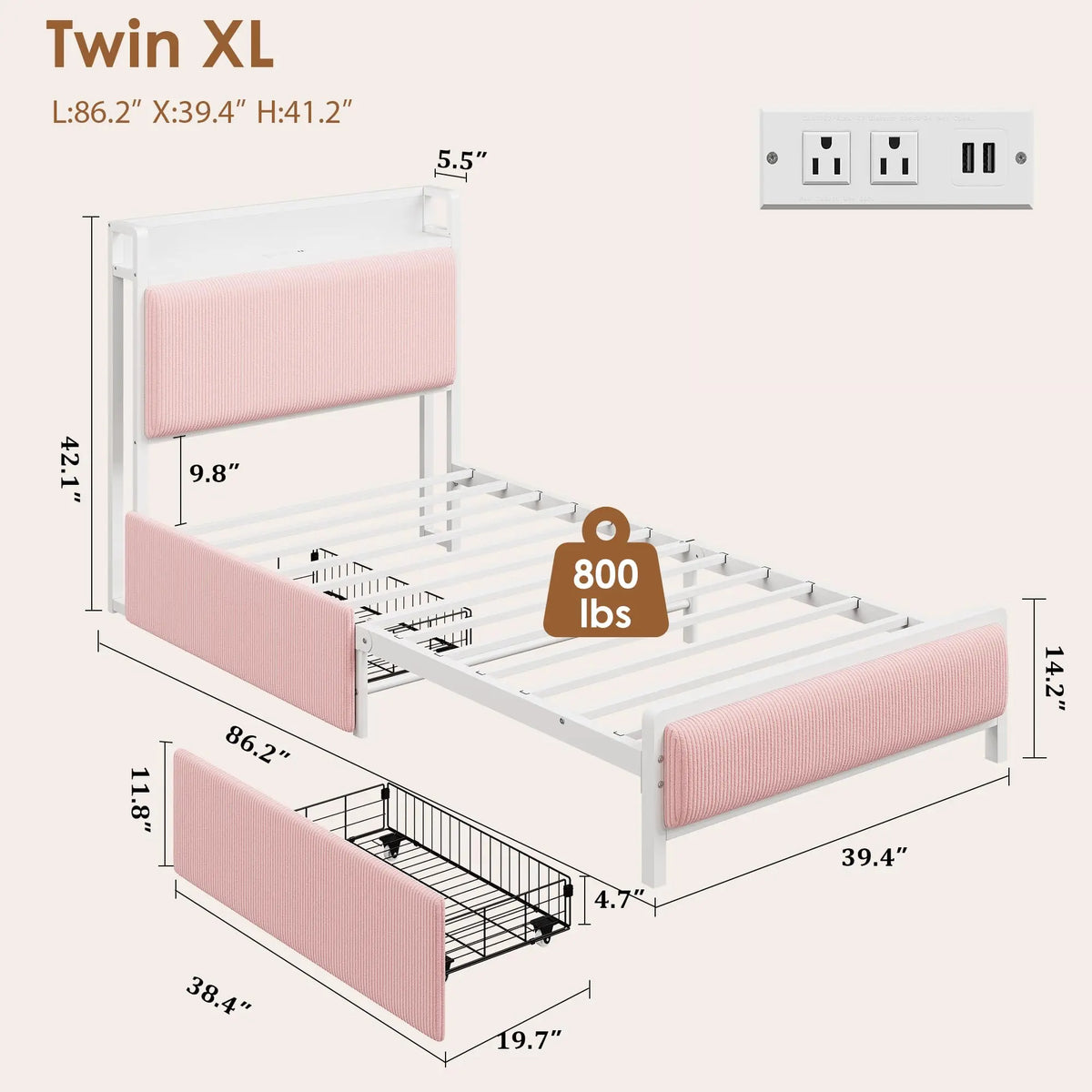 Twin/Twin XL Bed Frame With 2 Drawers, Charging Station, Corduroy Upholstered Shelf Headboard, Underbed Storage, No Box Spring