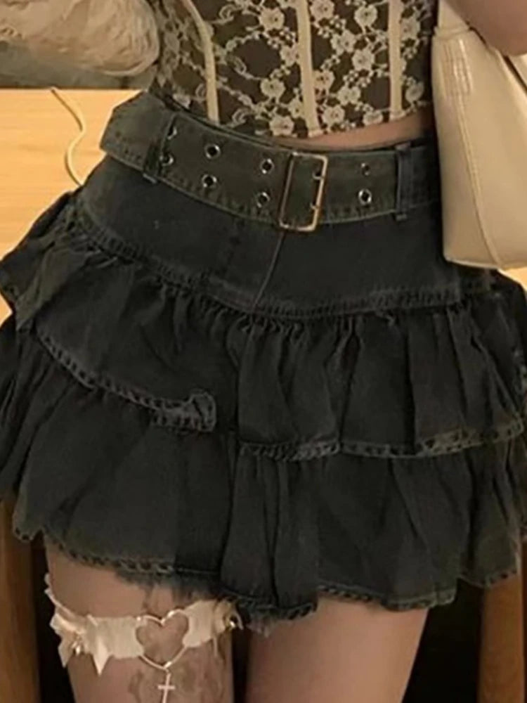 Streetwear Jean Skirt Women 2025 Faldas Mujer De Moda High Waist Vintage Saia Sweet Ruffles A-line Jupe Casual Y2k Mini Skirts