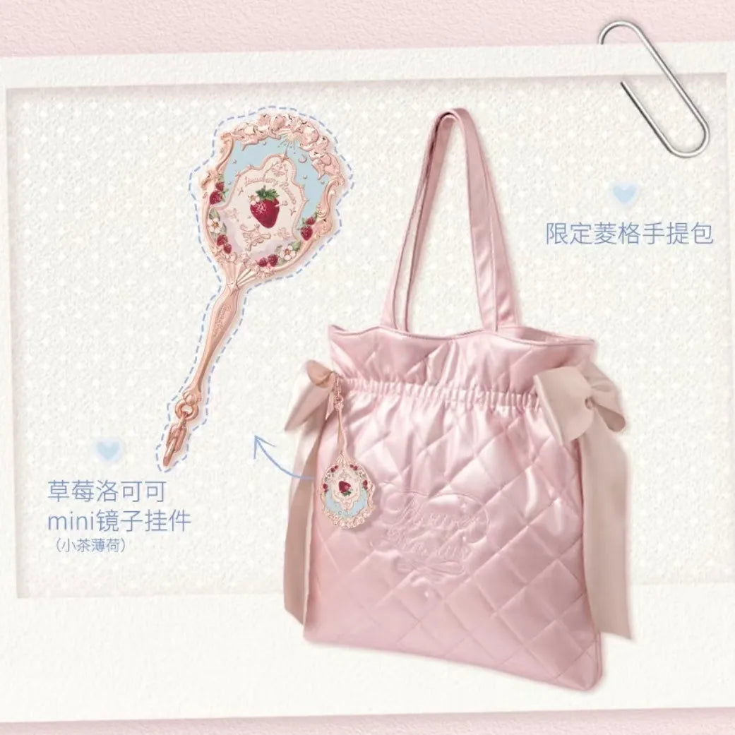 Flower Knows Strawberry Rococo Series Mini Mirror Charm Pink Lattice Handbag Limited Large Capacity Fashion Women Bag