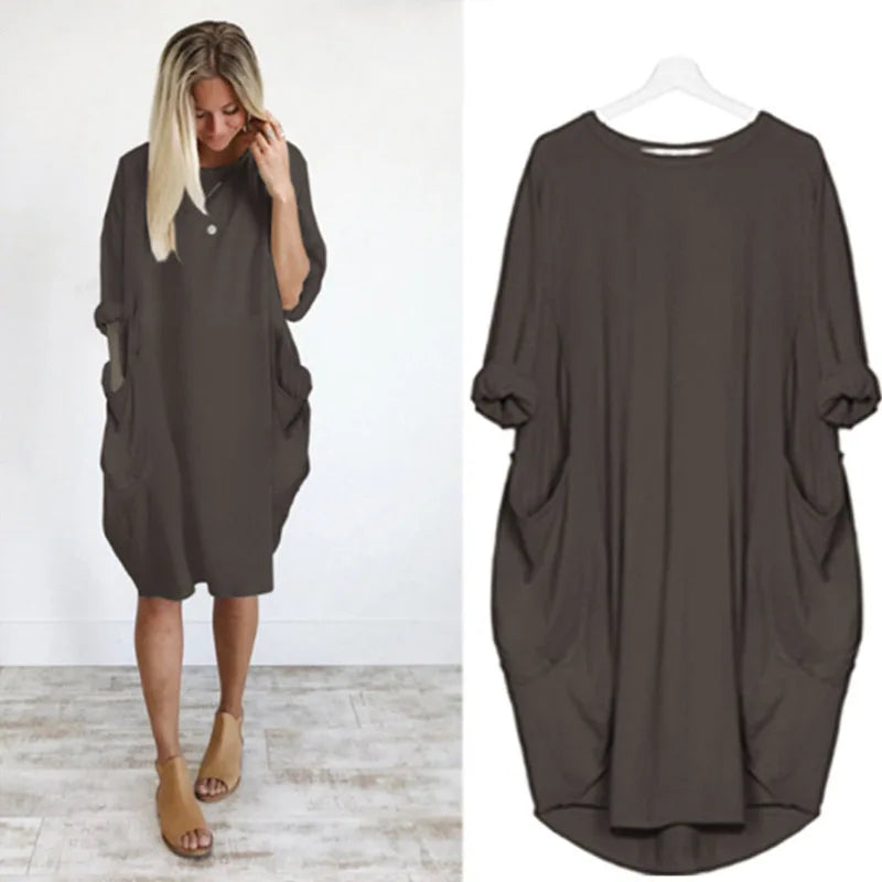 Women's Dress Oversize O-neck Loose Red Version Casual Street Pocket Fashion Black Solid Color Beach Vacation Skirt