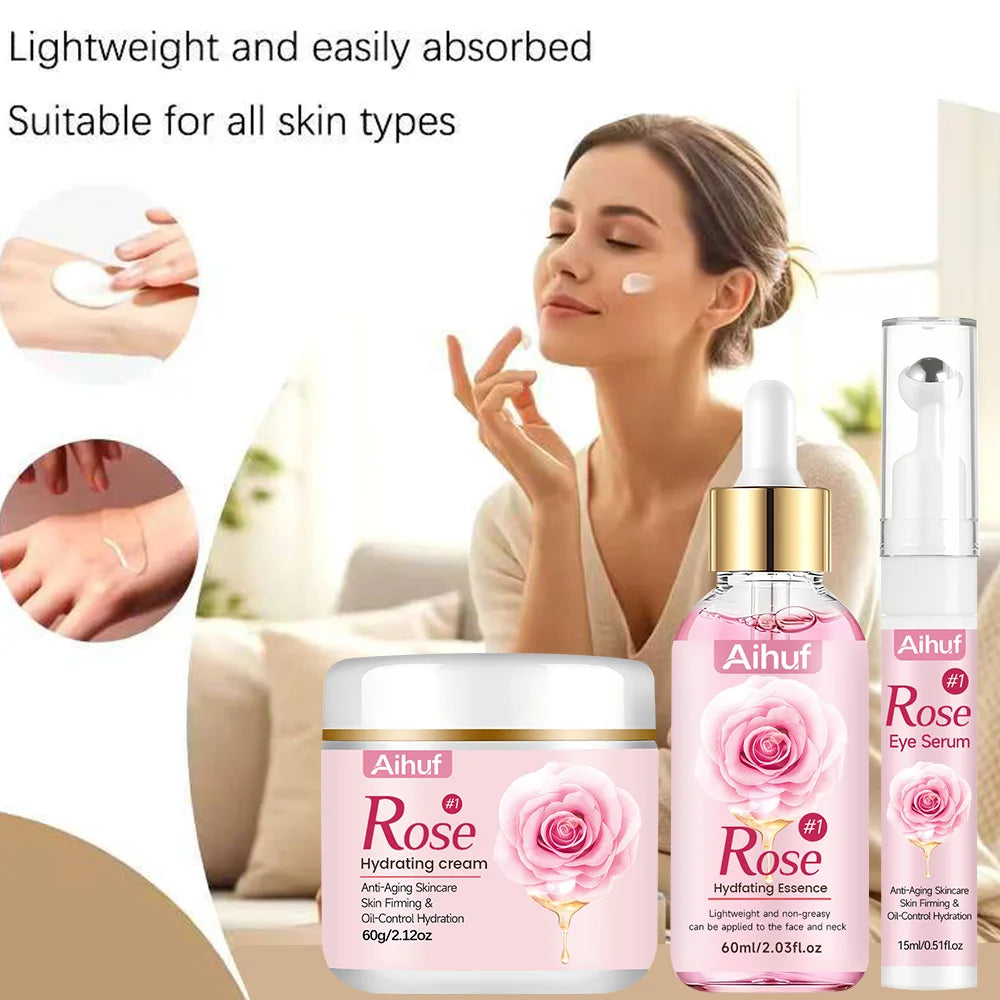 AIHUF Anti-Aging Facial Skincare Set with Rose Day Night Cream And Eye Cream for Dark Circles Puffiness Moisturizing And Firming