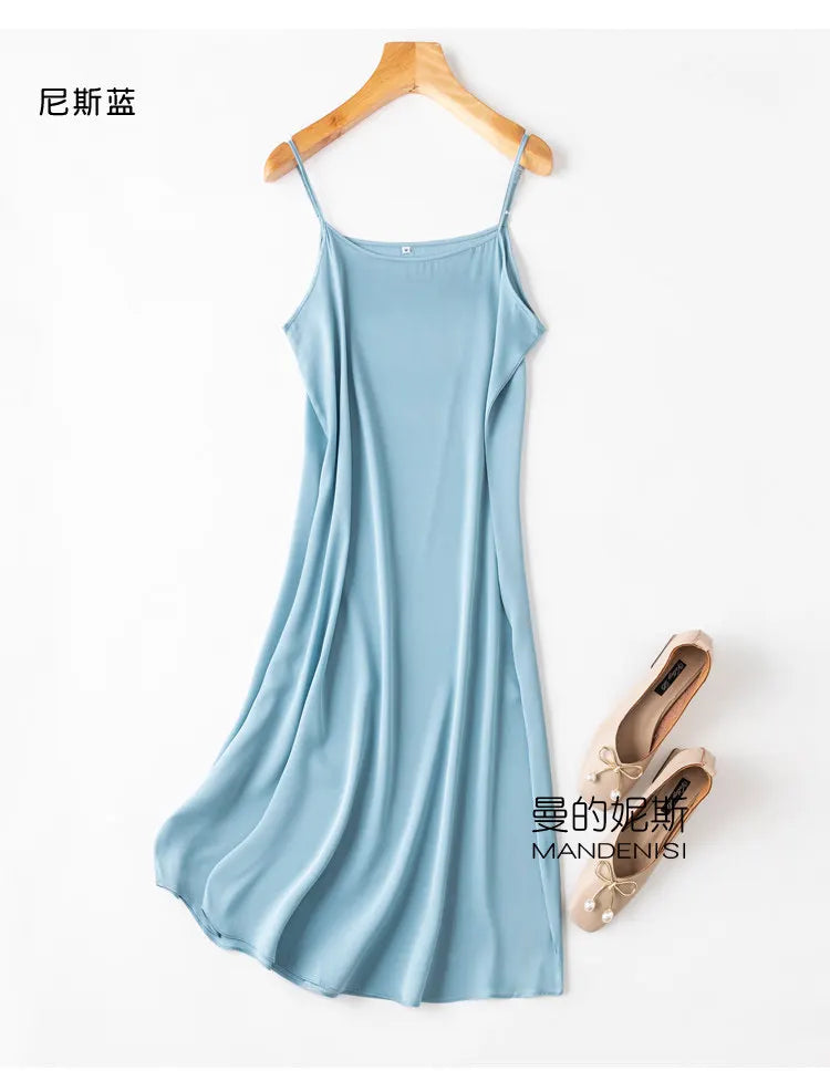 Tcyeek Women Silk Dress 93%Silk 7%Spandex Spaghetti Strap Mid Dresses 2024 Summer New Clothes Blue